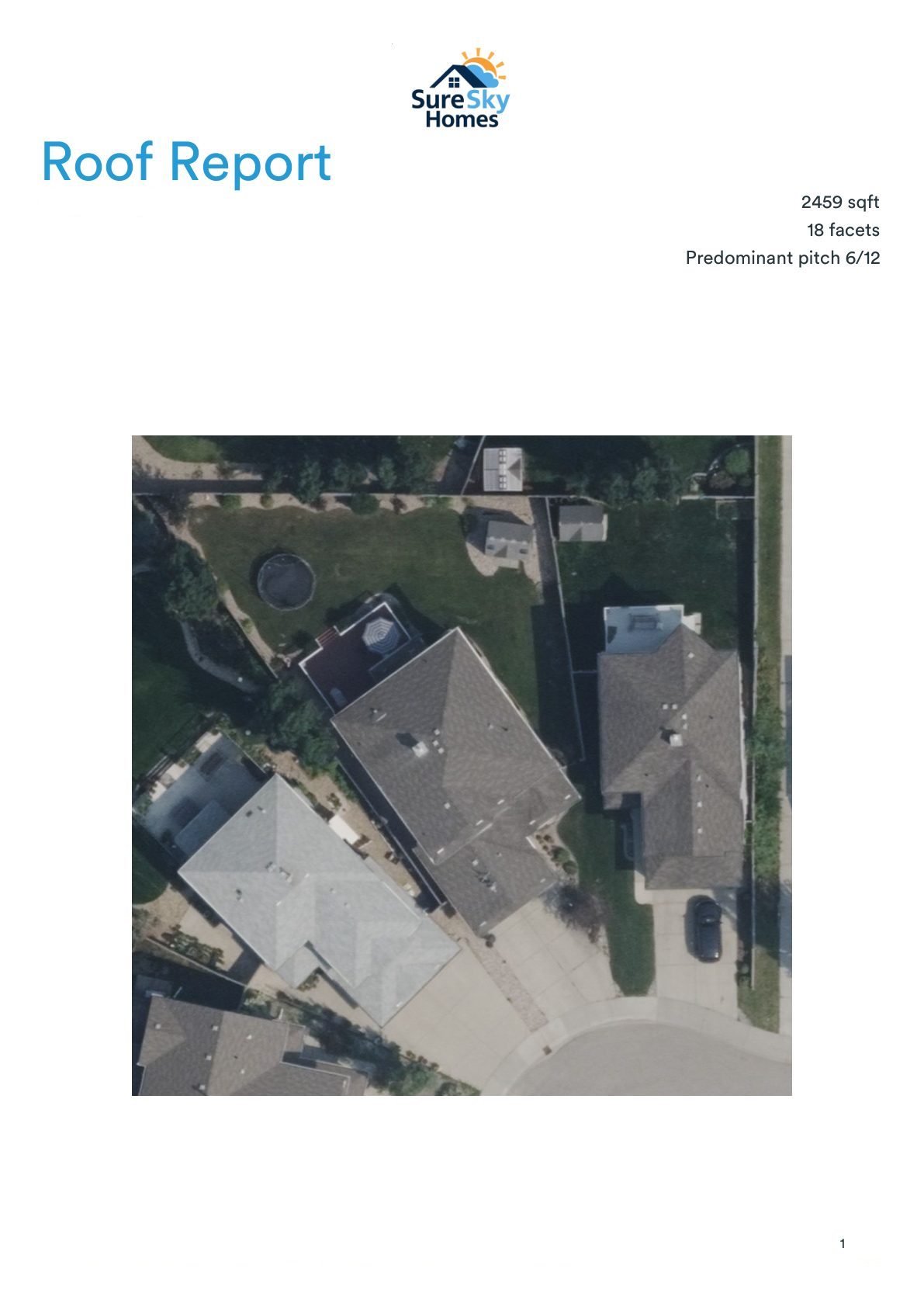 SureSky sample roof report — page 1, cover with aerial view and headline measurements